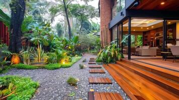 A walkway leads to a patio with a wooden deck and a patio area video