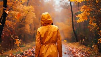 A woman in a yellow raincoat walking down a path in the woods video