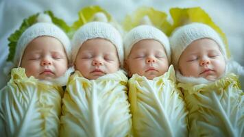A group of three newborn babies sleeping in a row on a bed video