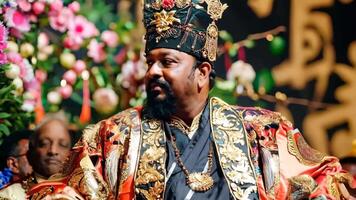 A man in a black and gold outfit with a crown on his head video
