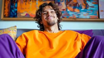 A man sitting on a couch with a smile on his face video