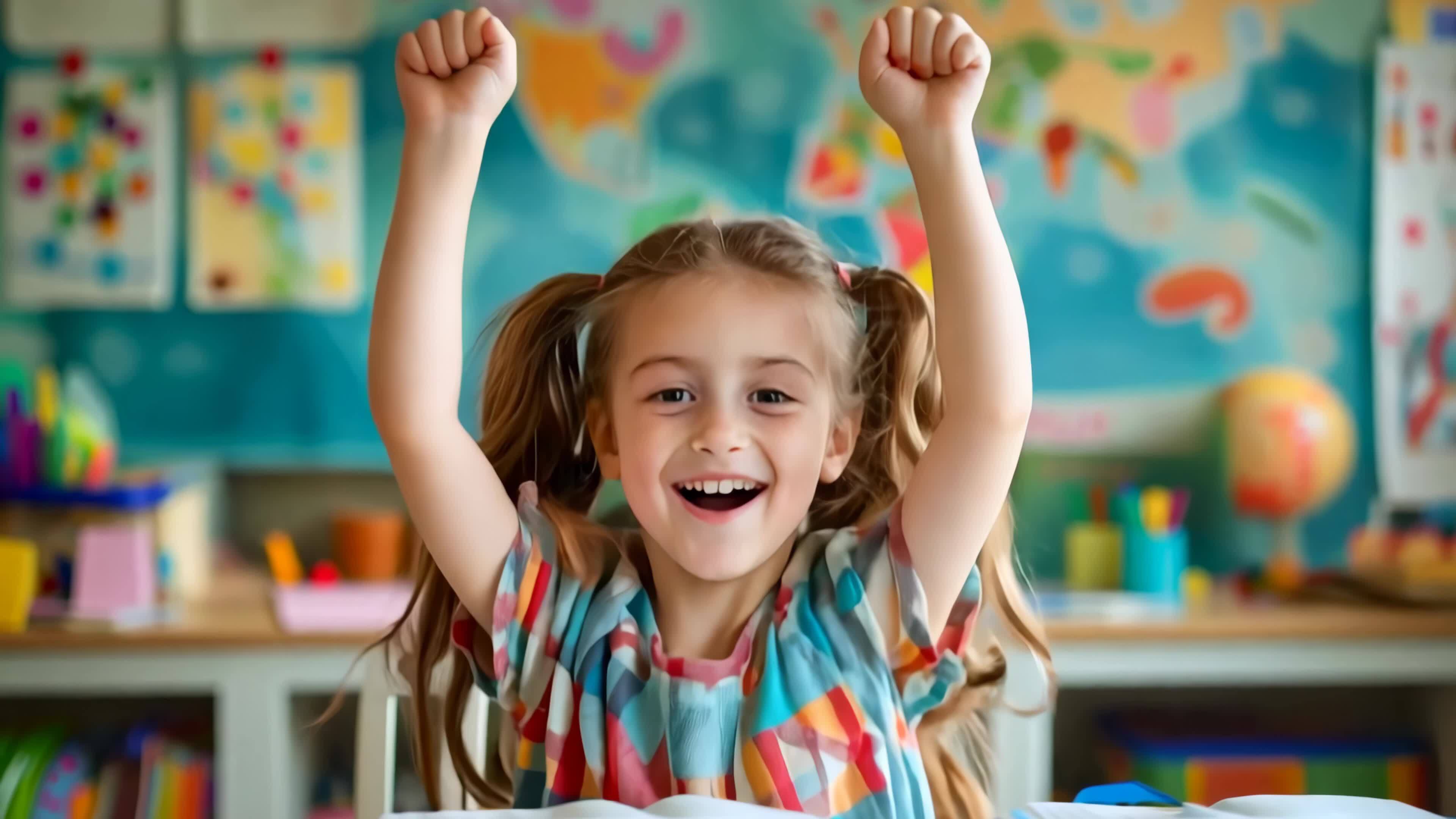 A little girl with her arms up in the air in a classroom 49890632 Stock