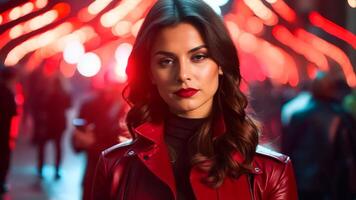 A woman in a red leather jacket standing in front of a crowd video