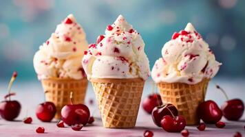 Three ice cream cones with cherries and pomegranate on a table video