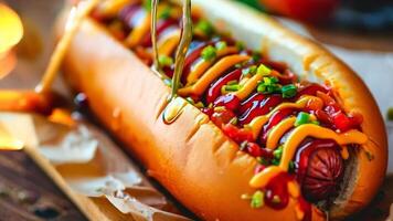 A hot dog with ketchup, mustard and ketchup on a bun video