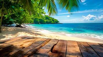 A wooden table with a view of the ocean and palm trees video