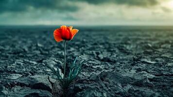 A single orange flower in the middle of a barren field video
