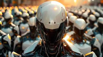 A robot standing in front of a large group of robots video