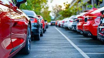 A row of red cars parked in a parking lot video