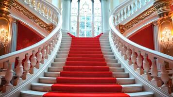 A red carpeted staircase in a building with chandeliers and chandelier video