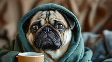 A pug dog wrapped up in a blanket with a cup of coffee video