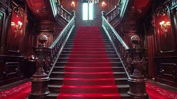 un rojo alfombrado escalera líder arriba a el parte superior de un edificio video