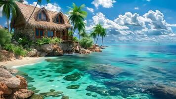 A house on a tropical island in the middle of the ocean video