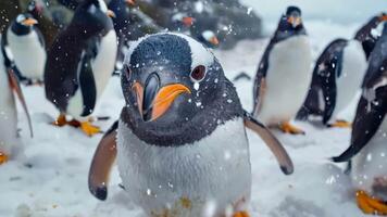 A group of penguins standing on top of a snow covered ground video