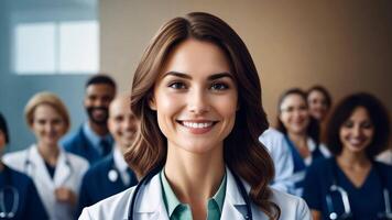 uma sorridente fêmea médico em pé dentro frente do uma grupo do médicos video