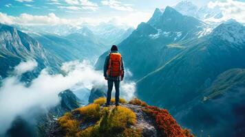 A man standing on top of a mountain with a backpack video