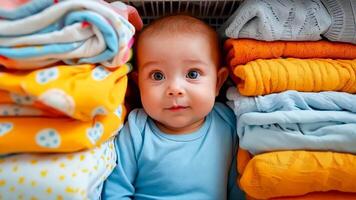 A baby sitting in front of a pile of folded clothes video