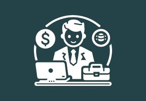 Businessman working on his Computer with business icon and symbol vector