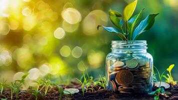 A glass jar filled with coins and a plant growing out of it video