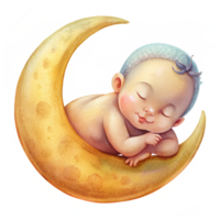 Sleeping Baby Cuddled on Crescent Moon png