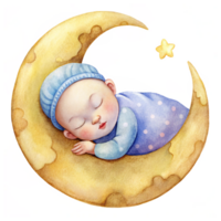 Cute Sleeping Baby on Crescent Moon Scene png