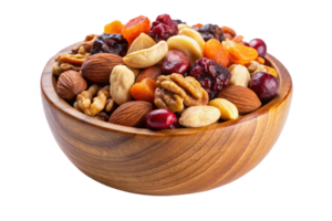 Nutritious Mix of Dried Fruits and Nuts in Wooden Bowl png