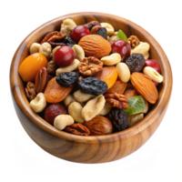Assorted Dried Fruits and Nuts in Wooden Bowl png