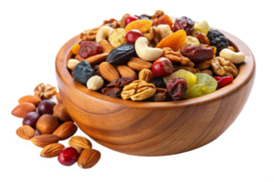 Wooden Bowl with Assorted Nuts and Dried Fruits png