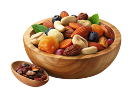 Assorted Nuts and Dried Fruits in a Wooden Bowl png
