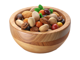 Wooden Bowl Brimming with Mixed Nuts and Dried Fruits png