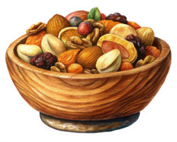 Wooden Bowl with Assorted Mixed Nuts and Fruits png
