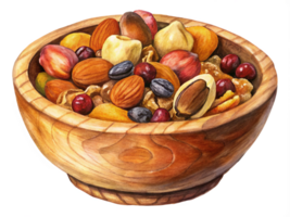 Nut Mix and Dried Fruits in Wooden Bowl png