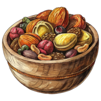 Tasty and Nutritious Mixed Nuts and Fruits in Wooden Bowl png