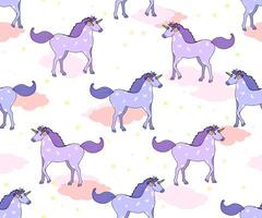 Seamless cute pattern with lilac unicorns and stars on clouds on a white background. Pattern for textiles, notepads and children's birthdays. vector