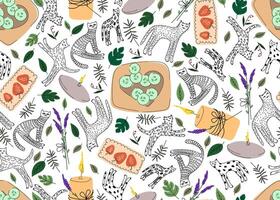 Seamless pattern drawn by hands in Scandinavian style with different cats, candles and facial skin care items. vector