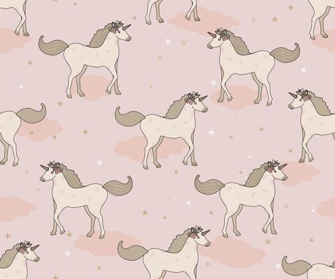 Cute seamless pattern with unicorns on clouds. Endless background for textiles, notepads, cards and children's birthdays. Stock cute texture.