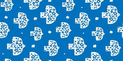 Seamless pattern with simple silhouettes of birds against the sky and flowers. Abstract print with doves. vector