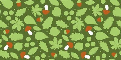 Seamless pattern with silhouettes of falling leaves, mushrooms, acorns. Simple fall nature print. vector