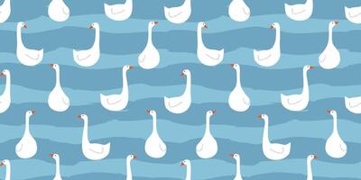 Seamless pattern with white geese swimming in the water on the waves. Cute duck print. vector