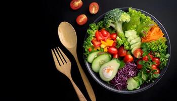 Top view of fresh delicious various kinds of healthy fruits on the Dark black abstract background with Copy Space, World Food Day concepts photo