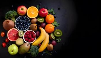 Top view of fresh delicious various kinds of healthy fruits on the Dark black abstract background with Copy Space, World Food Day concepts photo