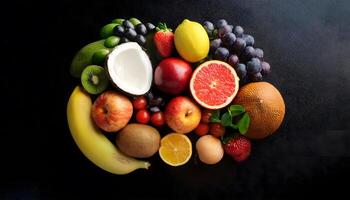 Top view of fresh delicious various kinds of healthy fruits on the Dark black abstract background with Copy Space, World Food Day concepts photo