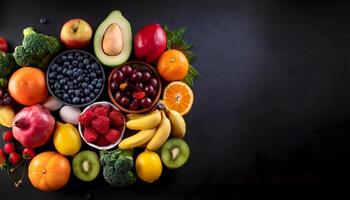 Top view of fresh delicious various kinds of healthy fruits on the Dark black abstract background with Copy Space, World Food Day concepts photo