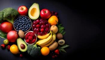 Top view of fresh delicious various kinds of healthy fruits on the Dark black abstract background with Copy Space, World Food Day concepts photo
