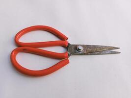 Red scissors cutting tool, close-up horizontal view, high angle shot photo