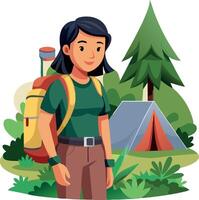 Hiker is smiling while camping in the forest vector