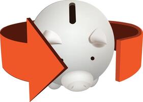Piggy bank surrounded by a red downward arrow illustrating negative trend in savings vector