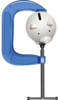 Piggy bank being squeezed in a blue clamp vector