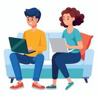 Young professionals working remotely using laptops on sofa vector