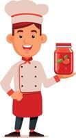 Smiling chef character holding jar of tomato sauce or ketchup- vector